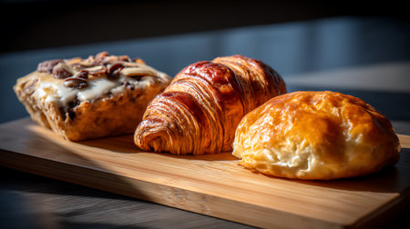 A delicious assortment of freshly baked pastries on a wooden cutting boardの素材
