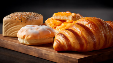 A selection of freshly baked pastries on a wooden cutting board in a dark settingの素材