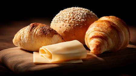 A delicious arrangement of croissants and bread with cheese on a wooden boardの素材