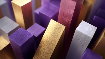 A colorful arrangement of metallic blocks in purple, gold, and silver huesの素材