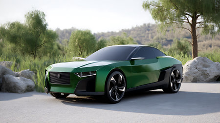 A sleek green sports car parked on a scenic road surrounded by trees and rocksの素材