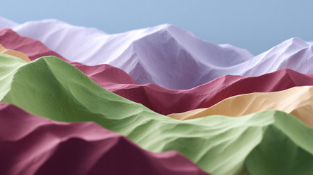 A vibrant and colorful mountain range with rolling hills under a clear blue skyの素材