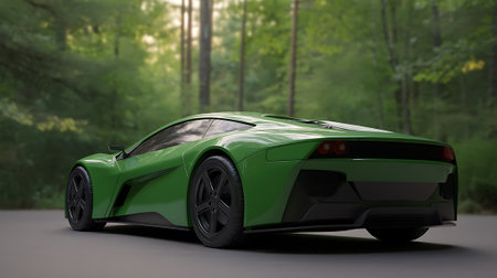 A sleek green sports car driving through a serene forest landscape on a sunny dayの素材
