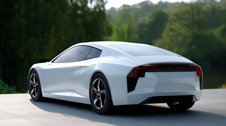 A sleek white sports car parked on a concrete surface in a natural settingの素材