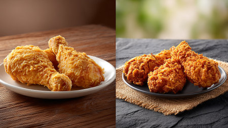 Two plates of crispy fried chicken on wooden and stone surfacesの素材