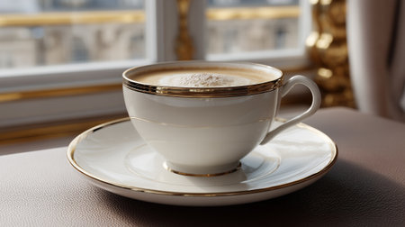 A delicate white coffee cup with gold trim sits on a matching saucer by a windowの素材