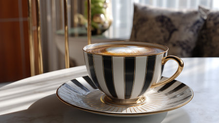 A black and white striped coffee cup on a matching saucer in a cozy settingの素材
