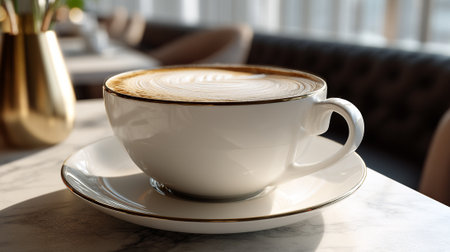 A cup of coffee on a saucer sitting on a marble table in a cafeの素材