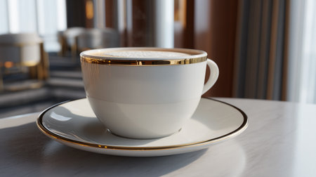 A white teacup with gold trim sits on a matching saucer in a luxurious settingの素材