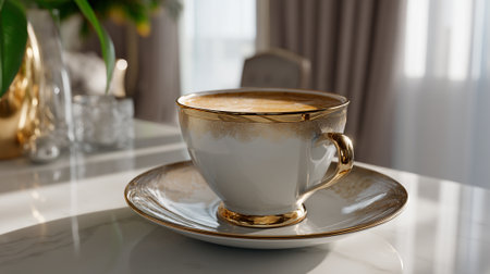 A luxurious white coffee cup with gold trim sits on a matching saucer on a marble tableの素材
