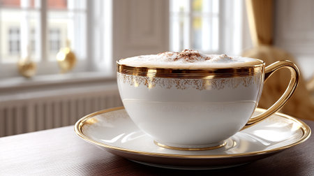 A luxurious white and gold teacup filled with frothy coffee on a saucerの素材