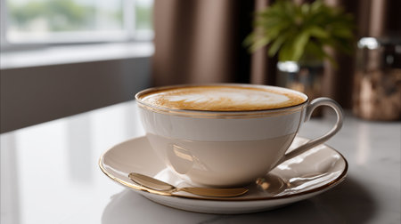 A cup of coffee on a saucer with a spoon on a table by the windowの素材