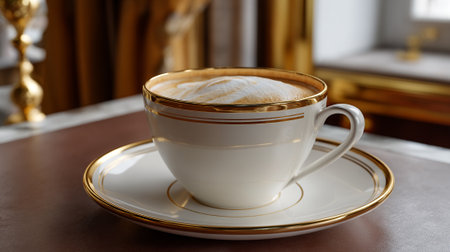 A luxurious white coffee cup with gold trim sits on a matching saucer on a wooden tableの素材