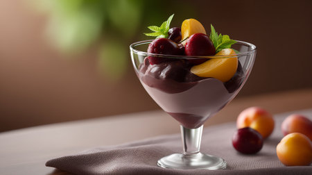 A delicious dessert of chocolate mousse topped with fresh fruit in a glassの素材