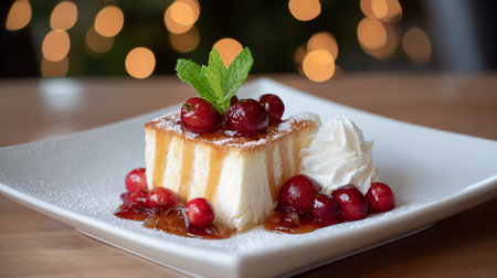 A decadent dessert creation showcasing a slice of cake adorned with cherries, caramel drizzle, and a dollop of whipped cream, presented on a white plate.の素材