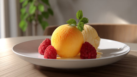 A delicious dessert of sorbet and ice cream with fresh raspberries on a white plateの素材
