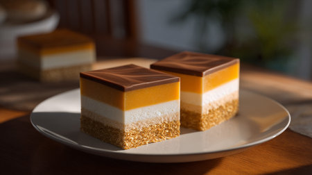 Two layered dessert bars with chocolate glaze are displayed elegantly on a plate. A third dessert appears in the background, bathed in soft natural lighting.の素材