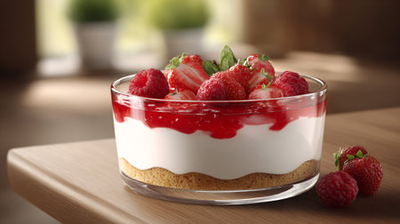 A creamy cheesecake in a glass is topped with a vibrant strawberry sauce and garnished with fresh strawberries and raspberries, sitting on a wooden surface.の素材