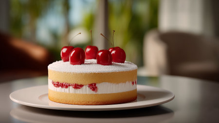 A delicious cake with cherries and powdered sugar on a white plate indoorsの素材