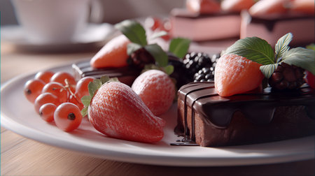A delicious chocolate dessert with fresh strawberries and berries on a white plateの素材