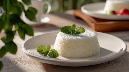 A delicious dessert with powdered sugar and fresh mint leaves on a white plateの素材