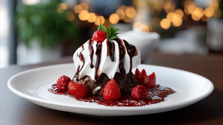 A decadent chocolate dessert with whipped cream and fresh raspberries on a white plateの素材