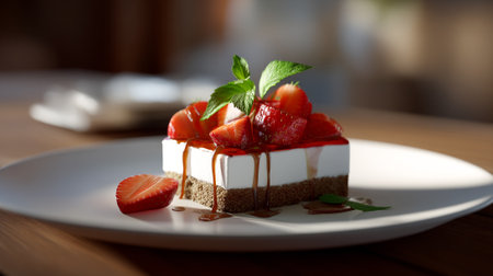 A delicious slice of strawberry cheesecake on a white plate with caramel drizzleの素材