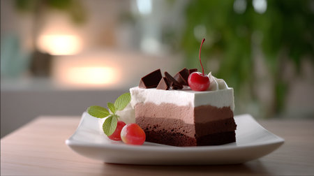 A slice of chocolate cake with white frosting and a cherry on top, served on a white plateの素材