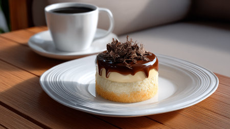 A delicious cheesecake with chocolate topping and a cup of coffee on a wooden tableの素材