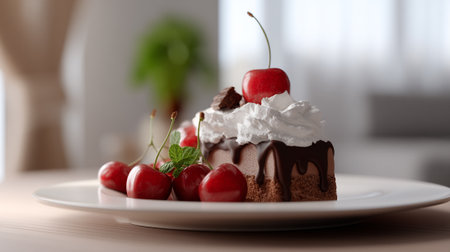 A delicious chocolate cake with whipped cream and cherries on a white plateの素材