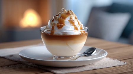 A creamy caramel dessert is presented in a glass bowl, topped with whipped cream and caramel drizzle, sitting near a cozy fireplace.の素材