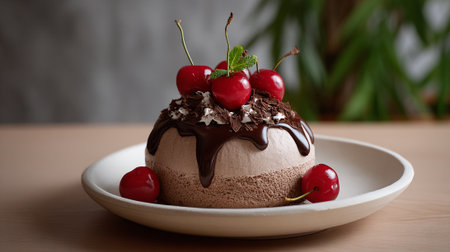 Close-up view of a visually appealing chocolate dessert, topped with fresh cherries, mint and chocolate shavings, served on a minimalist white plate.の素材