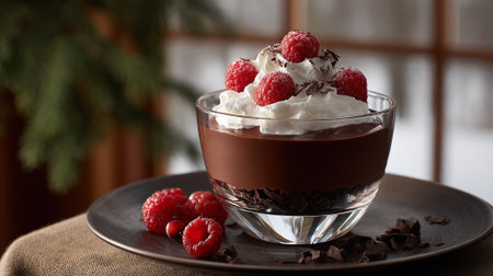 A delicious chocolate dessert is elegantly displayed in a glass, topped with fresh raspberries, whipped cream, and chocolate shavings on a rustic plate.の素材