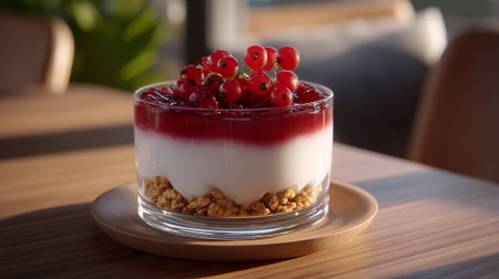 This mouth-watering dessert features layered granola, white creamy parfait, red currant jelly, and fresh currants, served on a wooden tray creating a delightful presentation.の素材
