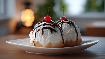 This image shows two desserts on a white plate, topped with whipped cream, drizzled chocolate, and bright red cherries, against a blurred background.の素材