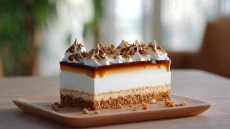 This image showcases a delicious cake featuring layers of creamy white filling, caramel drizzle, and torched meringue peaks, presented on a wooden plate.の素材