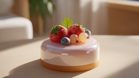 A delicious strawberry cake is showcased with a pink glaze and assorted berries. The composition highlights vibrant colours and elegant dessert presentation.の素材