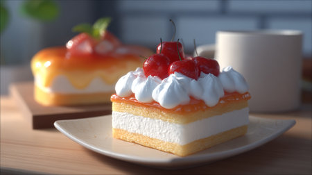 This tempting image features a piece of layered cake adorned with white cream, glazed top, and bright red cherries. Another cake is visible blurred in the background.の素材