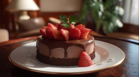 Indulgent chocolate layer cake topped with fresh strawberries and a rich chocolate glaze, served on a white plate in a warm setting.の素材