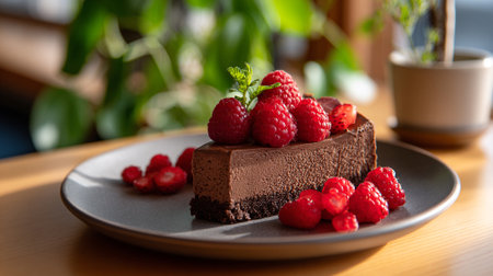 A rich chocolate dessert slice is presented on a gray plate, adorned with fresh raspberries and mint sprig, adding vibrant color and freshness.の素材
