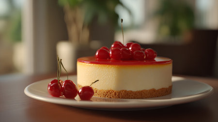 A creamy cheesecake is adorned with vibrant red cherries and a shiny glaze, resting gracefully on a white plate atop a wooden surface.の素材