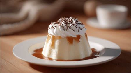 A creamy panna cotta dessert is topped with whipped cream, caramel sauce, and chocolate sprinkles, elegantly presented on a white plate, inviting culinary indulgence.の素材