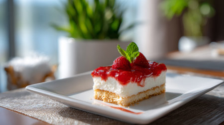 Tempting strawberry cheesecake piece with red glaze, strawberries and mint, presented on a square white plate, sitting on a table.の素材