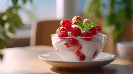 A close-up view of a glass bowl filled with creamy yogurt, fresh strawberries, and plump raspberries, garnished with mint leaves.の素材