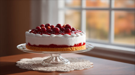 This image features a delectable cherry cheesecake with whipped cream, displayed on a glass stand with a delicate lace doily, set against a warm backdrop.の素材