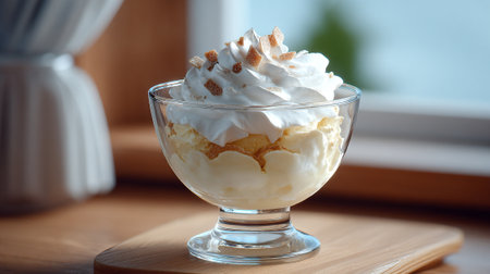 A trifle is elegantly presented in a clear glass, featuring layers of cake, cream, and a generous topping of whipped cream.の素材