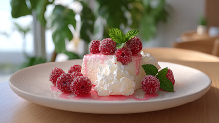 A delectable dessert featuring a cake slice, raspberries, pink glaze, and whipped cream. Mint leaves add a fresh touch to this light treat.の素材