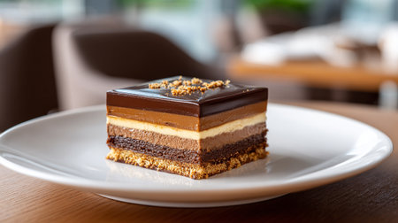 A delicious, layered chocolate dessert sits on a white plate, showcasing various textures and rich chocolate flavors, creating an appetizing and tempting food image.の素材