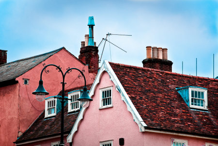 Conceptual image of roof tops of cottages of Lavenham, Suffolk, UKの写真素材