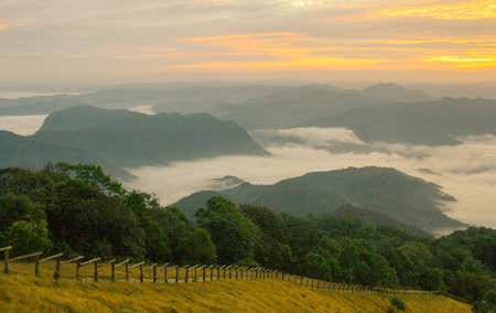 sunrise and the mist on moutaim look beautiful.の写真素材